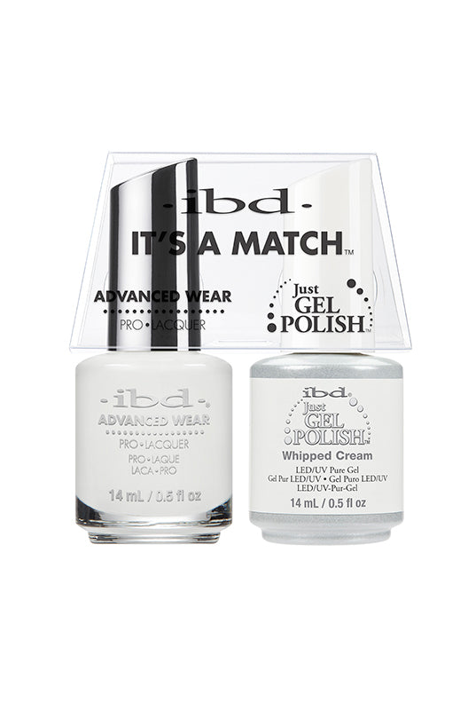 ibd Advanced Wear Whipped Cream nail polish duo with a crisp white gel and lacquer, perfect for a clean classic manicure.