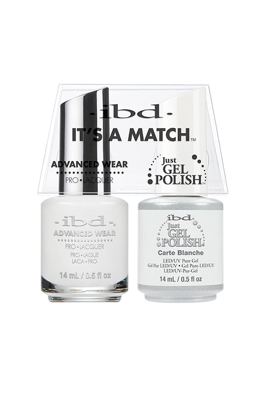 ibd Advanced Wear Carte Blanche nail polish duo featuring a soft white gel and lacquer, ideal for elegant everyday nails.