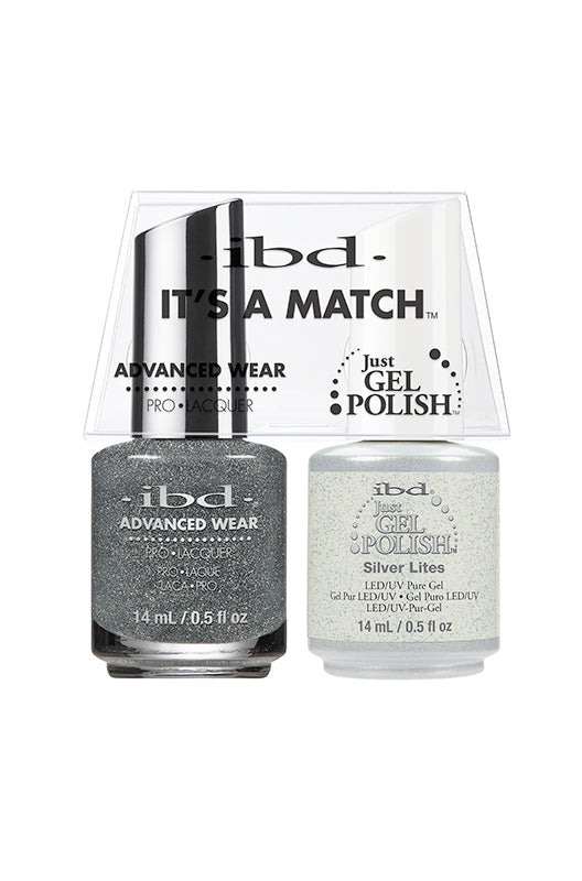 ibd Advanced Wear Silver Lites polish duo with sparkling silver glitter gel and lacquer for dazzling, party-ready nails.