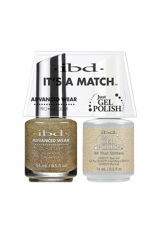 ibd Advanced Wear All That Glitters polish duo in gold shimmer, offering a luxurious metallic look in gel and lacquer.