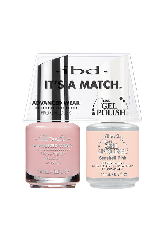 IBD It's a Match Seashell Pink polish and gel polish set in a pale pink pearl shade, inspired by ocean elegance.