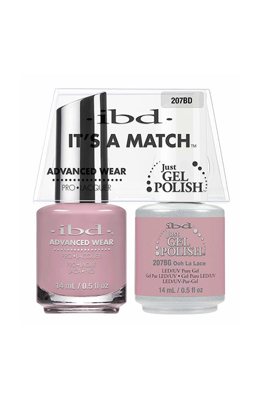 ibd It's a Match Ooh La Lace nail polish and gel polish duo in a soft dusty rose pink shade, 14mL each.