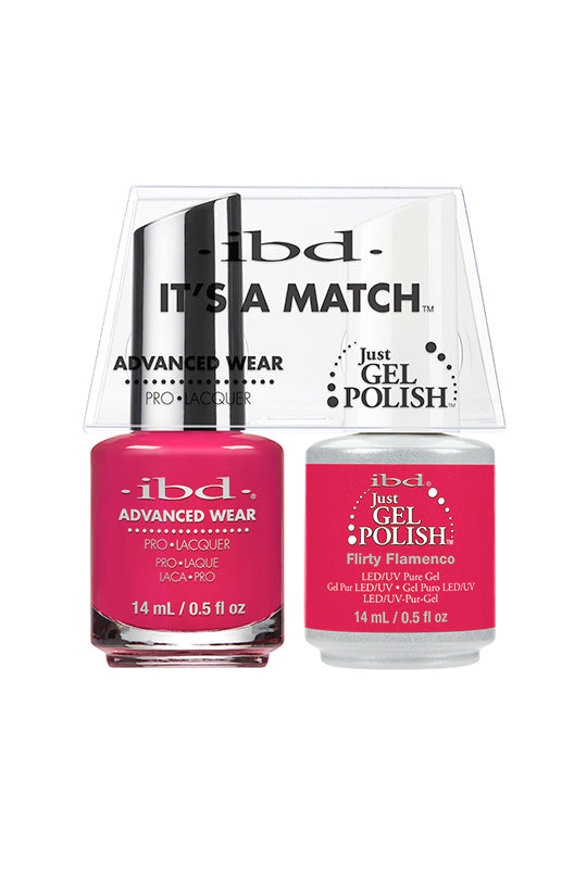 IBD It's A Match gel and lacquer duo in Flirty Flamenco, a hot pink crème that’s bold, fun, and full of fiery attitude.