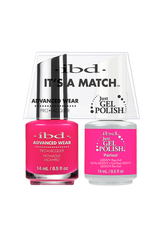 IBD It's A Match gel and lacquer duo in Parisol, a vibrant hot pink polish with a bold, statement-making finish.