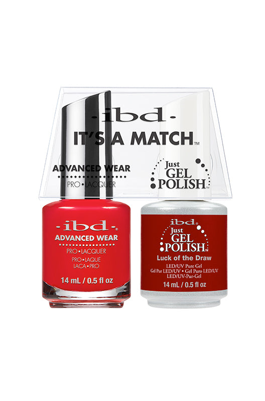 IBD It's A Match gel and lacquer duo in Luck of the Draw, a bold red with a punchy, statement-making finish.