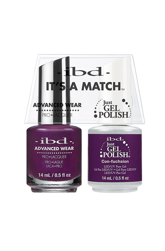 IBD It's A Match gel and lacquer duo in Con-fuchsion, a deep plum-purple with a soft, pearlescent shimmer.