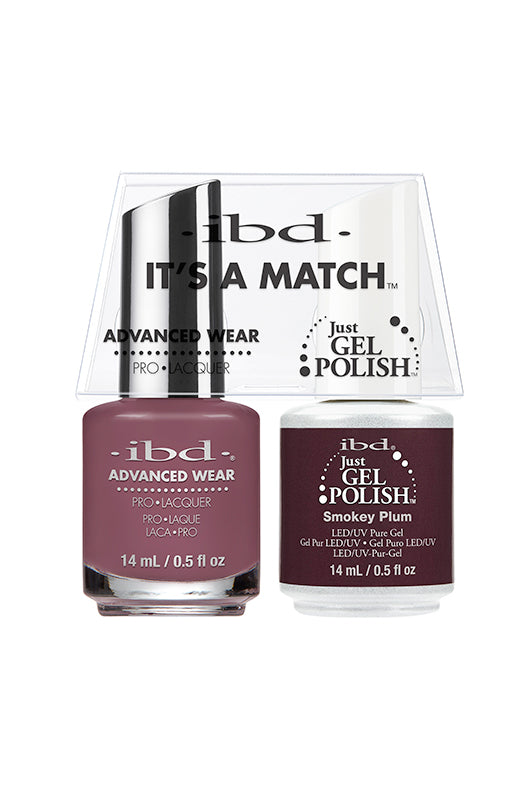 IBD It's A Match gel and lacquer duo in Smokey Plum, a dusky mauve with plum undertones, blending warmth and modern cool.