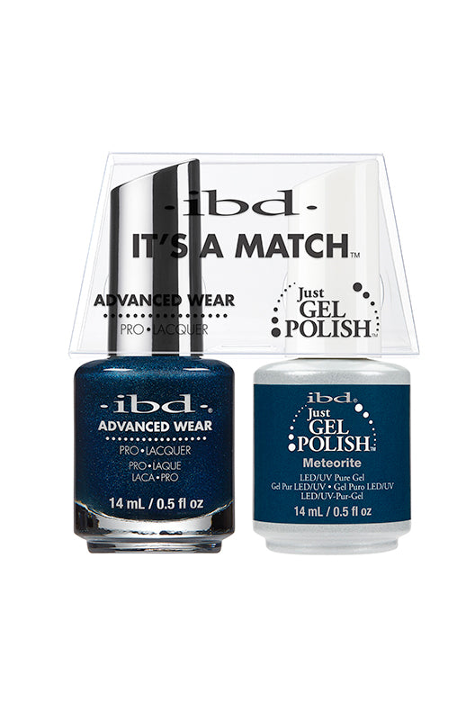 IBD It's A Match gel and lacquer duo in Meteorite, a dark spacey teal loaded with starry shimmer for celestial glam.