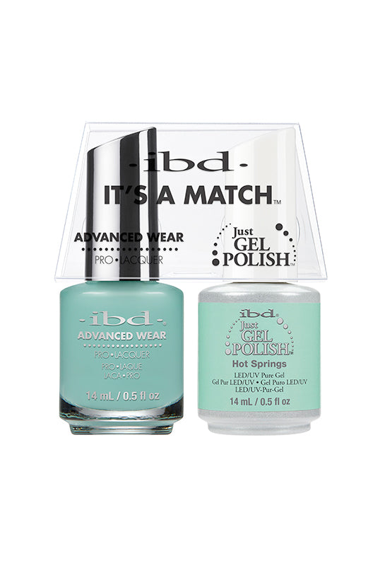 IBD It's A Match gel and lacquer duo in Hot Springs, a pale seafoam green that feels refreshing, clean, and spa-ready.