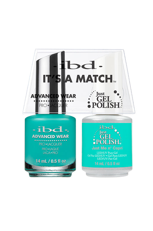 IBD It's A Match gel and lacquer duo in Just Me ‘n’ Capri, a lively turquoise with tropical energy and playful charm.