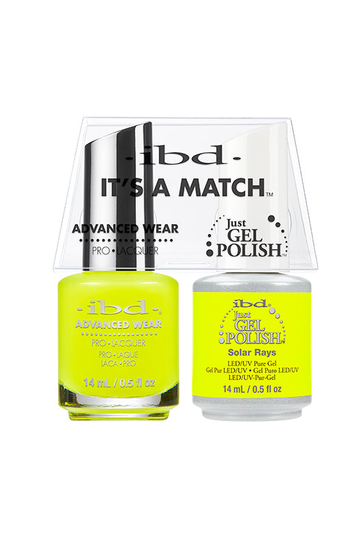 IBD It's A Match gel and lacquer duo in Solar Rays, a striking neon yellow that beams like sunshine.