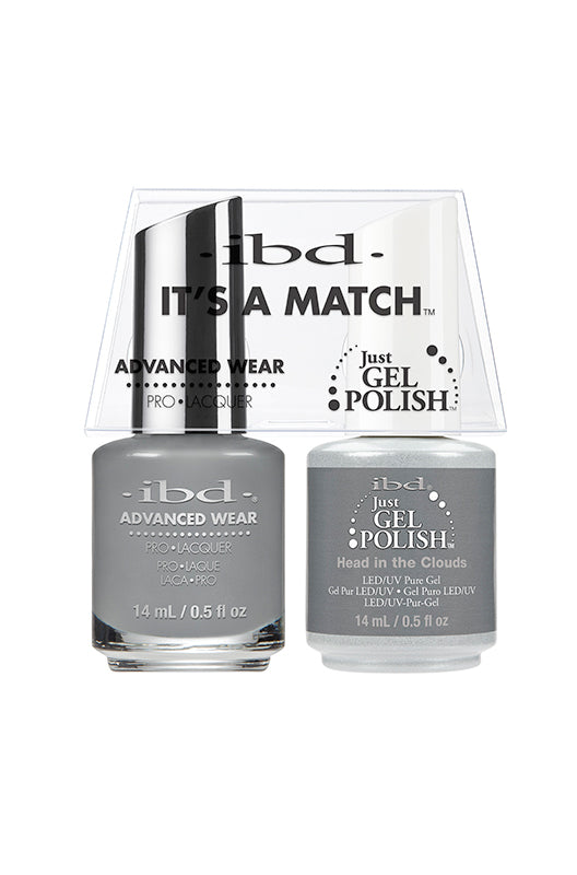 IBD It's A Match gel and lacquer duo in Head in the Clouds, a muted silver-gray with a soft, dreamy shimmer.