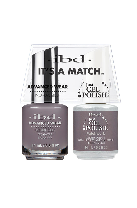 IBD It's A Match gel and lacquer duo in Patchwork, a soft cocoa-mauve with cool undertones and cozy vibes.