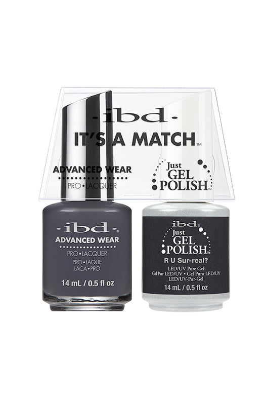IBD It’s A Match gel and lacquer duo in R U Sur-real?, a deep smoky charcoal with a mysterious, moody undertone.