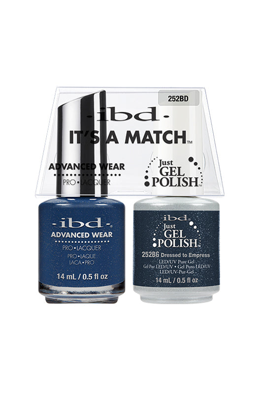 Front-view of ibd Advanced Wear Color Duo with Just Gel Polish Dressed to Empress in 0.5-ounce bottle with detailed label text
