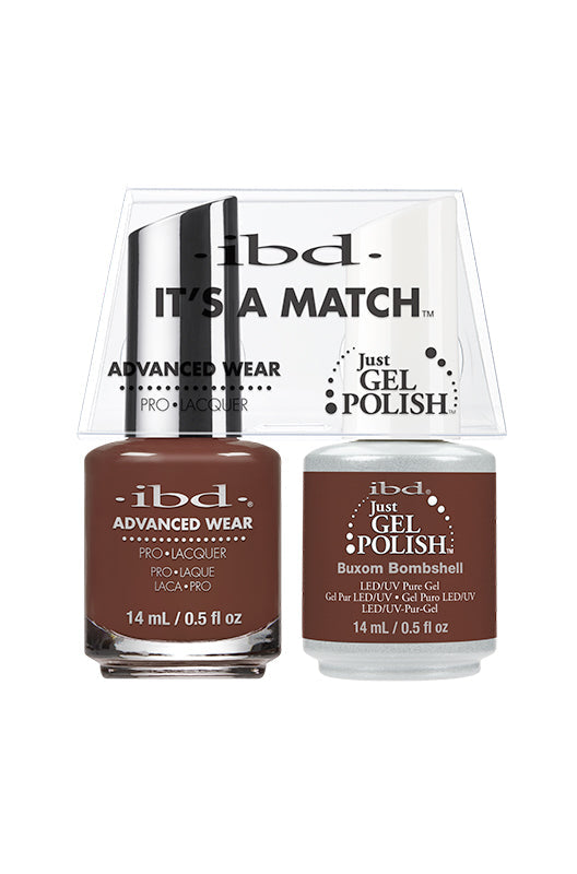 Frontage of ibd Advanced Wear Color Duo with Just Gel Polish Buxom Bombshell in 14 ml bottle with printed text