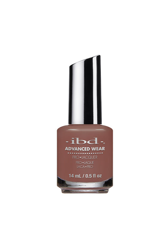 A transparent 0.5 ounce bottle containing ibd Advanced Wear Dim the Lights nail polish featuring its brush cap