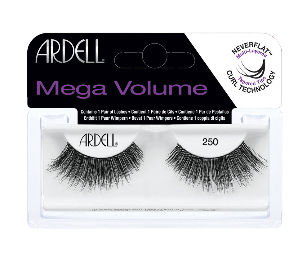 Front view of an Ardell Mega Volume 250 faux upper lashes set in complete retail wall hook packaging