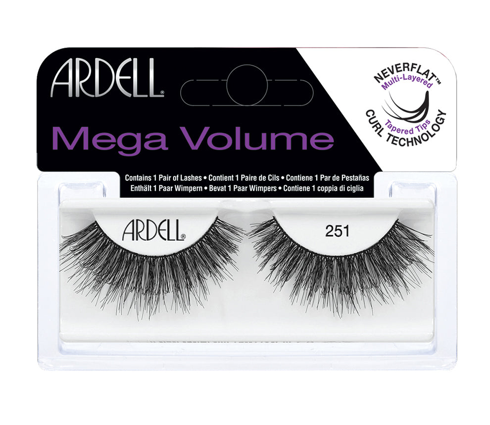 Front view of an Ardell Mega Volume 251 faux upper lashes set in complete retail wall hook packaging