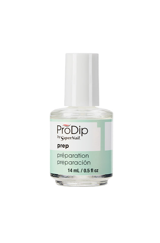 Frontage of SuperNail ProDip Prep sanitizer in 0.5-ounce bottle with printed product label information