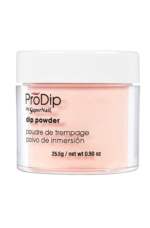 SuperNail ProDip Carnation Pink nail dip powder in half side view demonstration featuring its product label information