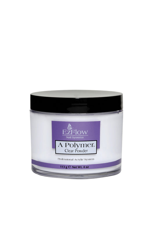 Front view of EzFlow Acrylic Nail Powder with 4-ounce container with black cover cap and product details