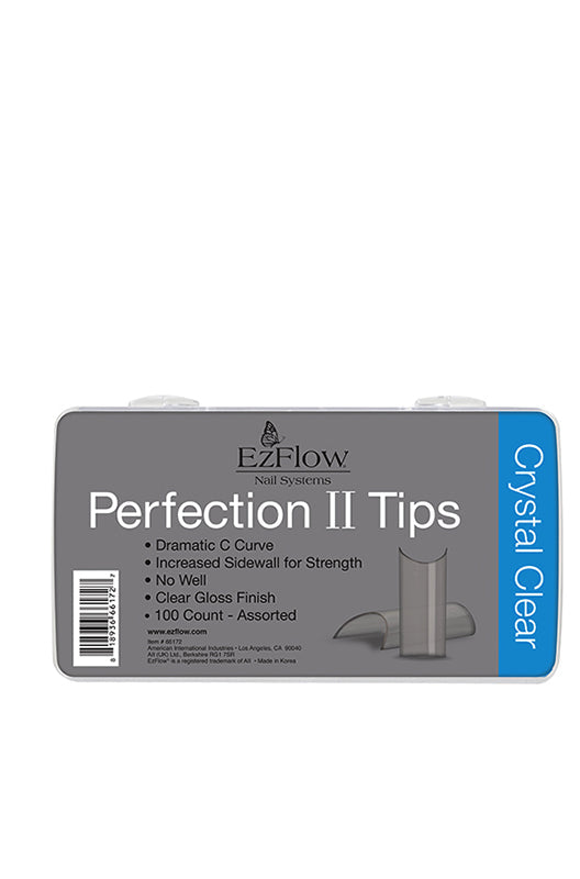 Front view of EzFlow Nail System Perfection II Tips- Crystal Clear with printed label and product information