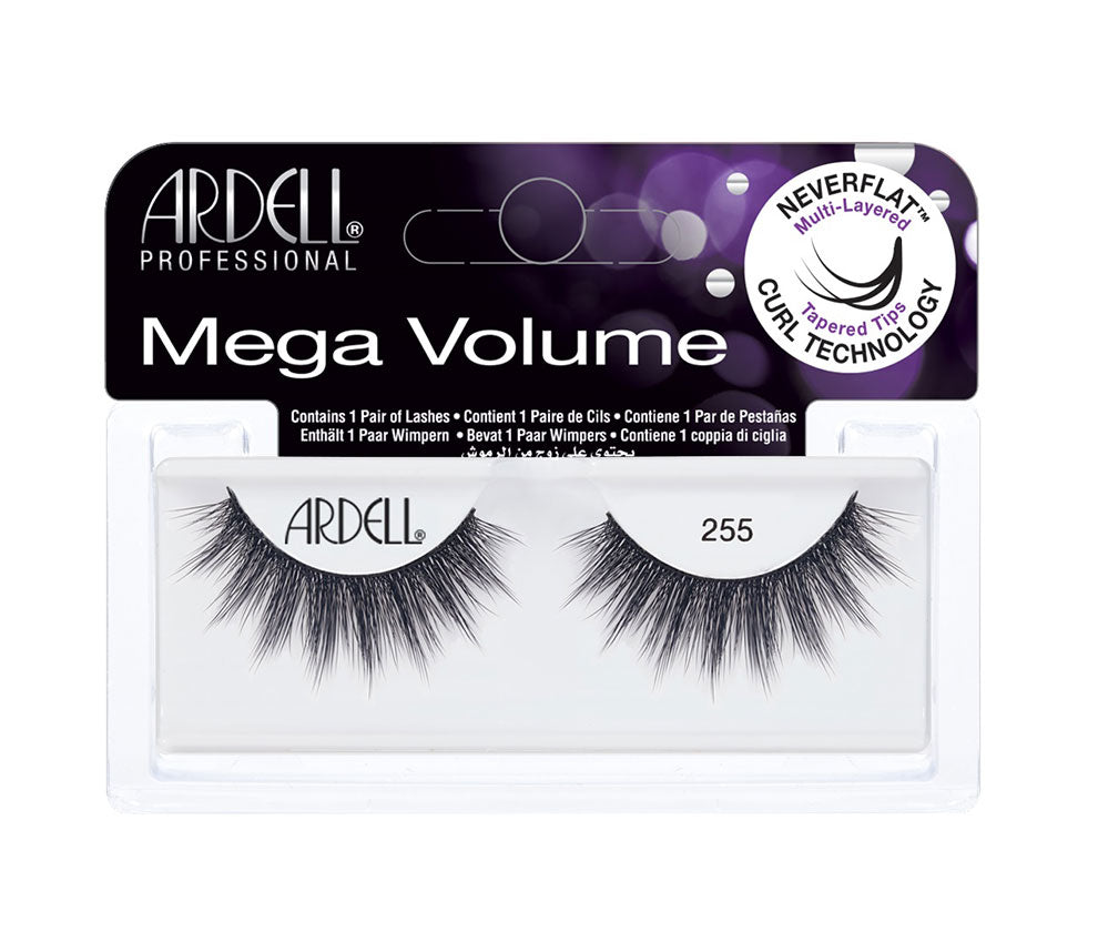 Ardell Mega Volume 255 Packaging ƒ?? Multi-layered, tapered-tip lashes with NeverFlatƒ?› curl technology.