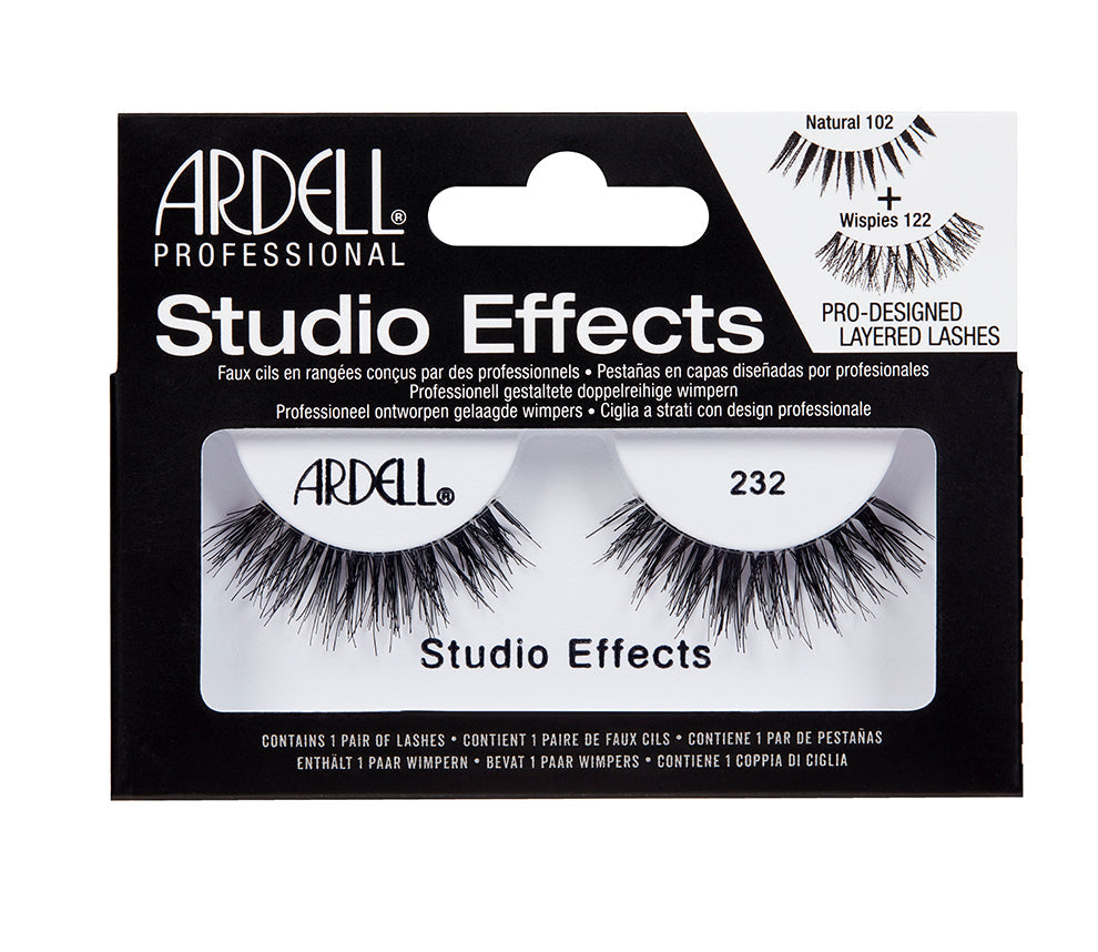 A single pair of Ardell Studio Effects 232 inside its retail packaging with some texts on the box