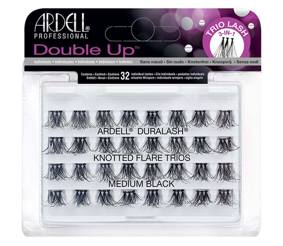 A set of 32 Ardell Double Up Knotted Flare Trio Individuals in Medium length inside its retail packaging