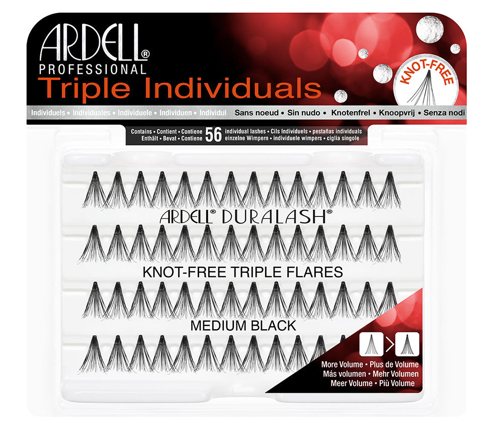 Ardell knot-free triple individual lashes in medium black for added volume and drama in package.