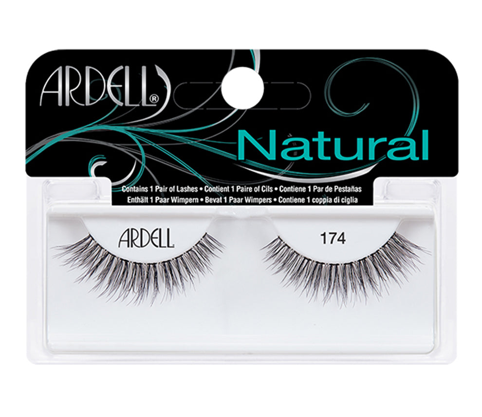 Front view of an Ardell Natural 174 faux lashes set in complete retail wall hook packaging