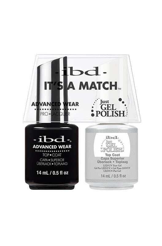 Front-view of ibd Just Gel Polish No Cleanse Top Coat It's A Match Duo Pack in 0.5-ounce bottle with detailed label text