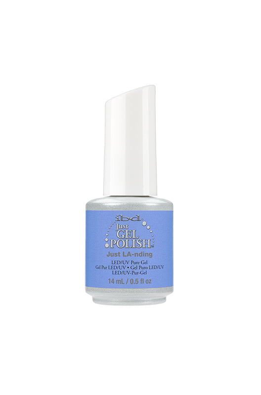 0.5 ounce bottle of Just Gel Polish Just Landing with color combination of white and light blue packaging