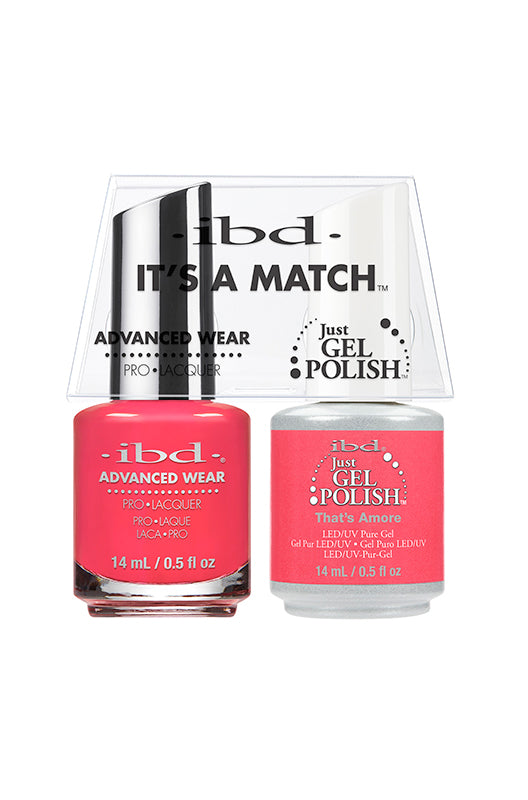 Front facing of 1 pack 0.5 ounce ibd Advanced Wear Color Duo with Just Gel Polish in That's Amore variant