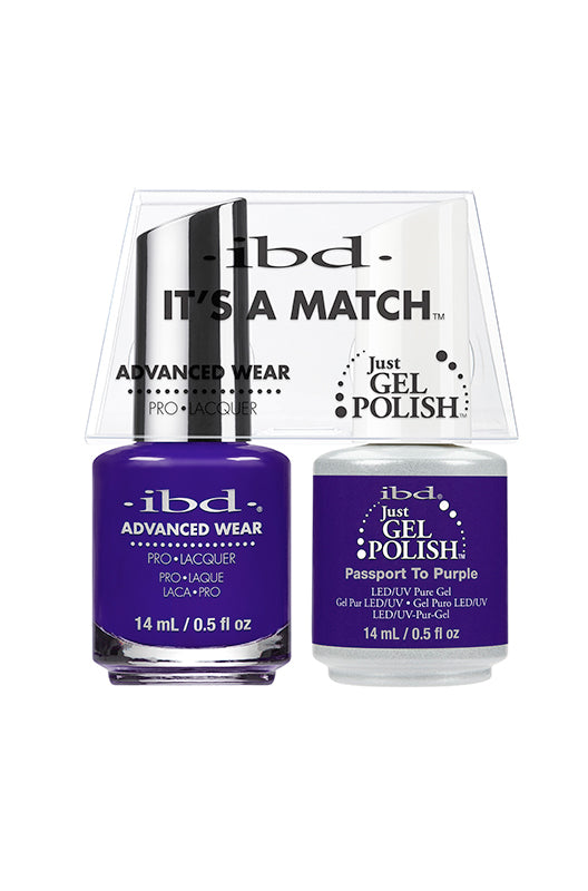 Front view of ibd Advanced Wear Color Duo with Just Gel Polish Passport to Purple in both 0.5-ounce bottle with label text