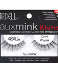 A pair of Ardell Fauxmink Demi Wispies in a single pack retail lash package with text on the box