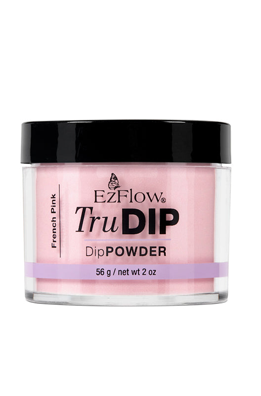Front facing EzFlow TruDIP French Pink Powder 2 ounce glass container capped with a black cover