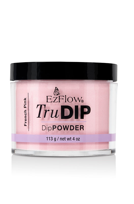 A transparent 4 ounce jar of EzFlow TruDIP French Pink Powder showing its subtle pink nail dip contents