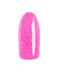 Gliterry bubblegum pink color swatch of EzFlow TruDIP XO Maybe previewed on an artificial nail