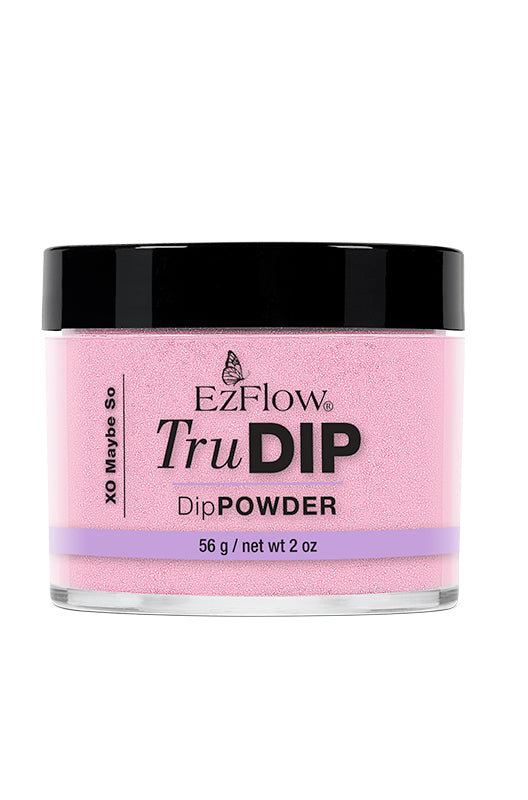 A front facing 2 ounce transparent glass jar of EZ Flow TruDIP XO Maybe SO fully showing its nail powder contents