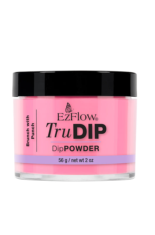 A forward-facing short round glass jar filled with 2 ounces of EZFlow TruDIP Brunch with Punch nail powder dip
