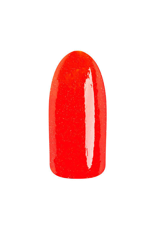 Glossy poppy orange shimmer color swatched onto artificial nail previewing EzFlow TruDIP Tequila Sunset