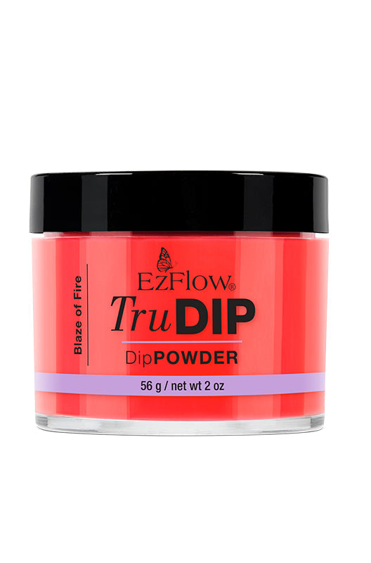 A forward facing 2 ounce transparent glass jar of EZFlow TruDIP Blaze of Fire nail dip powder