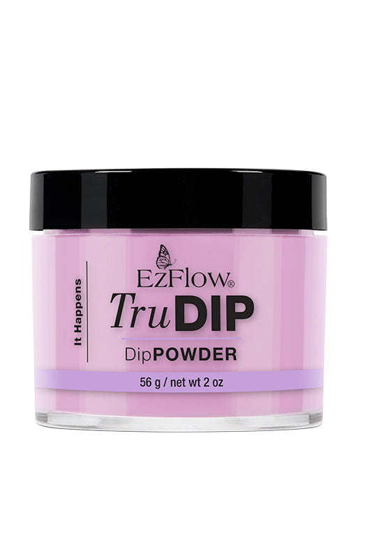 A 2 ounce transparent glass tub of EzFlow TruDIP It Happens printed with product name & information
