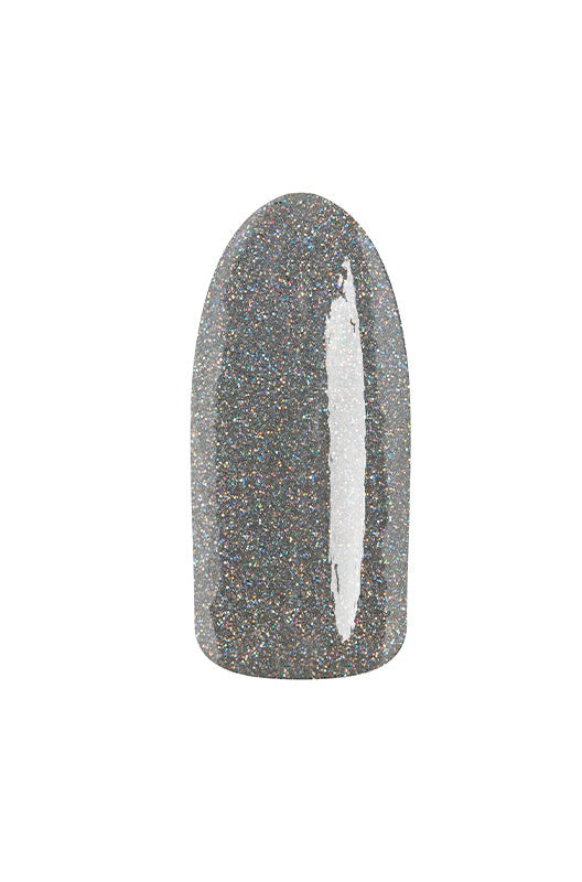 Color swatch of EZFlow TruDIP Drop the Beat on fake nail showing its holographic glittery silver finish