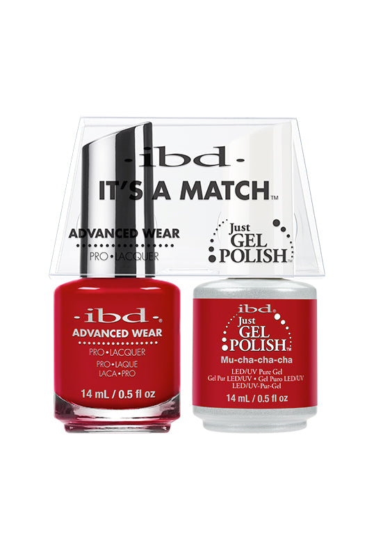 IBD "Mu-cha-cha-cha" Nail Polish Set, a bold red duo featuring a vibrant, high-gloss finish in gel and lacquer formulas.