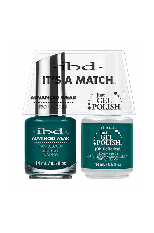 IBD "¡Oh Señorita!" Nail Polish Set, a striking teal shade in both gel and lacquer with a smooth, high-gloss finish.