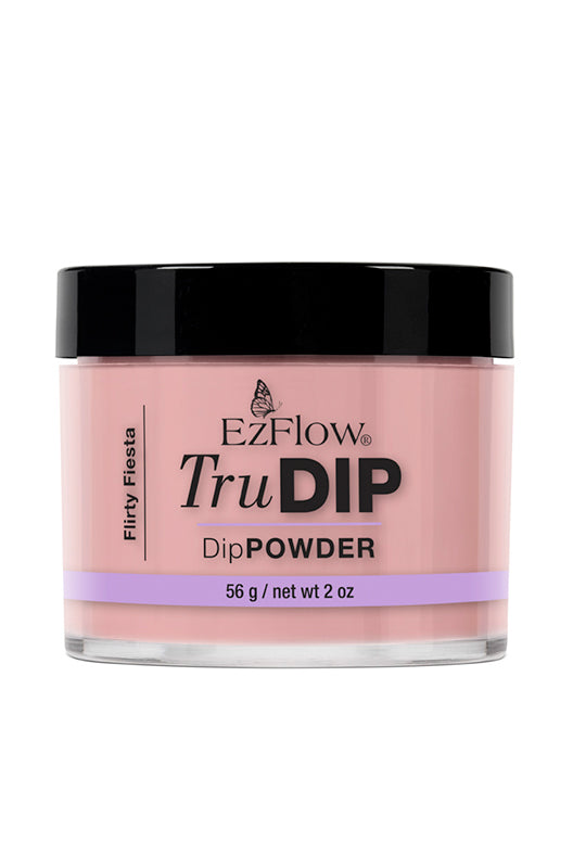 Forward facing 2 ounce transparent glass jar filled with EzFlow TruDIP Flirty Fiesta nail powder dip