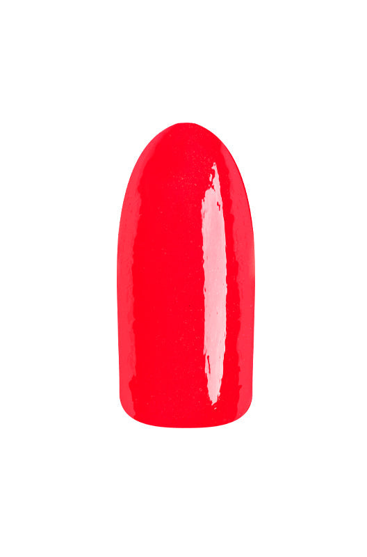 Glossy neon strawberry red color swatch sampled onto artificial nail previewing EzFlow TruDIP Showgirls